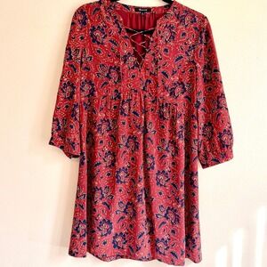 Madewell Red Floral Paisley Lace Up V-Neck Mini Dress Long Sleeve Womens Size S